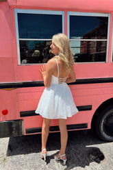 A-line V-neck Spaghetti Straps Sleeveless Sequined Homecoming Dresses